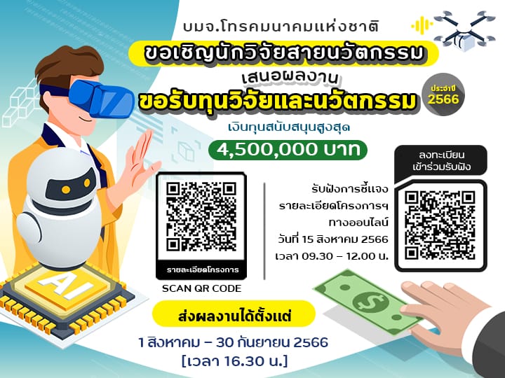 (ทุนวิจัยภายนอกมหาวิทยาลัย) ประกาศเปิดรับข้อเสนอการให้ทุนอุดหนุนการวิจัยและนวัตกรรม ประจำปีงบประมาณ พ.ศ.2566 (บริษัท โทรคมนาคมแห่งชาติ จำกัด (มหาชน))