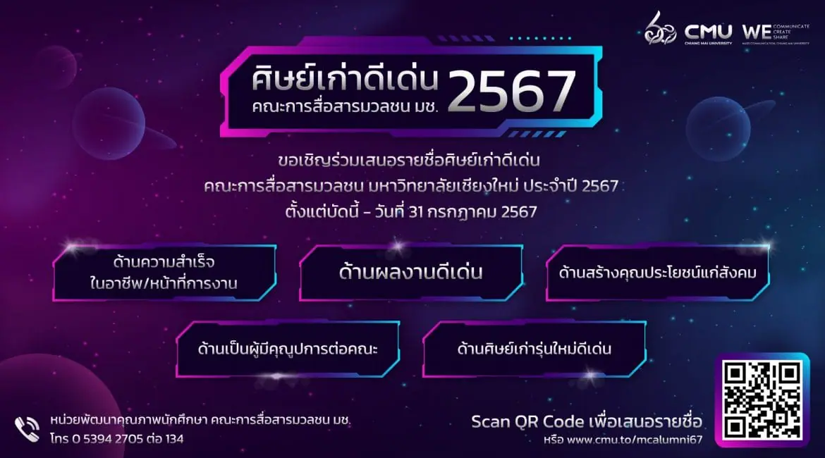 ขอเชิญร่วมเสนอชื่อบุคคลเพื่อพิจารณาคัดเลือกเป็น ศิษย์เก่าดีเด่น คณะการสื่อสารมวลชน มช. ประจำปี 2567