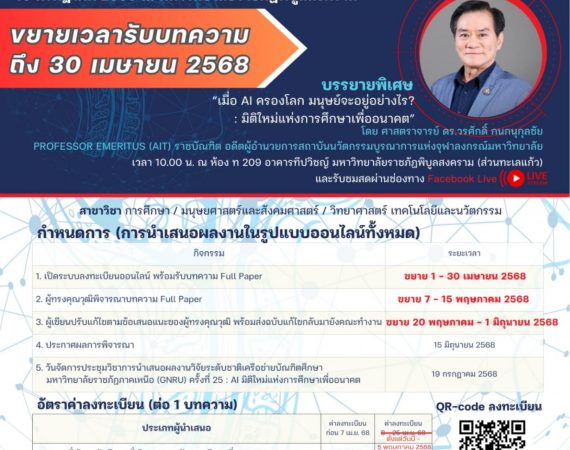(งานประชุมวิชาการ) ขอความอนุเคราะห์ประชาสัมพันธ์การขยายเวลารับบทความในการประชุมวิชาการนำเสนอผลงานวิจัยระดับชาติฯ ครั้งที่ 25