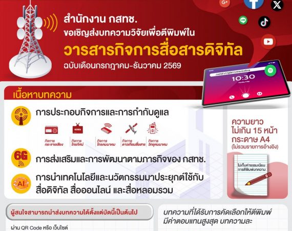 (วารสาร) ประชาสัมพันธ์การเปิดรับบทความวิจัยเผยแพร่ในวารสารกิจการสื่อสารดิจิทัล (สำนักงาน กสทช.)
