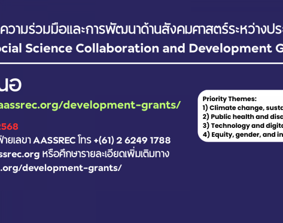 (ทุนภายนอกมหาวิทยาลัย) ประชาสัมพันธ์การเปิดรับข้อเสนอการวิจัยภายใต้ “ทุนส่งเสริมกิจกรรมความร่วมมือและการพัฒนาด้านสังคมศาสตร์ระหว่างประเทศ (International Social Science Collaboration and Development Grants)”