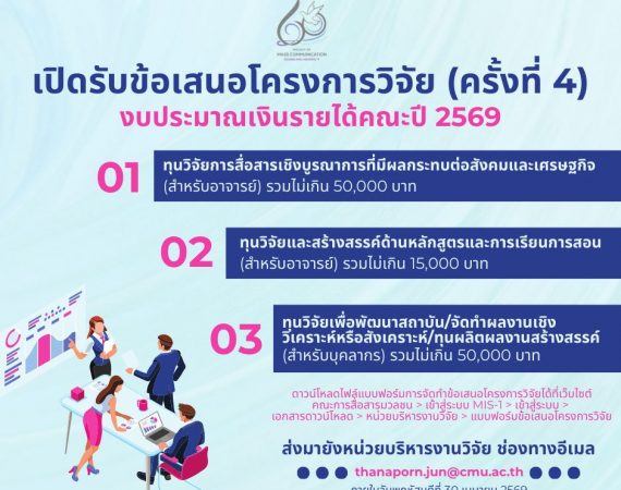 เปิดรับข้อเสนอโครงการวิจัยเพื่อขอทุนอุดหนุนวิจัยจากงบประมาณเงินรายได้คณะ ปีงบประมาณ 2569 (ครั้งที่ 4)