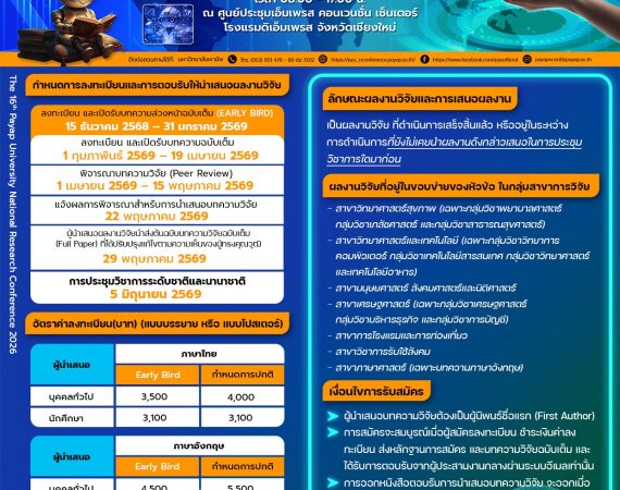 (งานประชุมวิชาการ) ขยายเวลาการลงทะเบียนนำเสนอบทความวิจัยในการประชุมวิชาการเสนอผลงานวิจัยระดับชาติ พ.ศ. 2569 ครั้งที่ 16